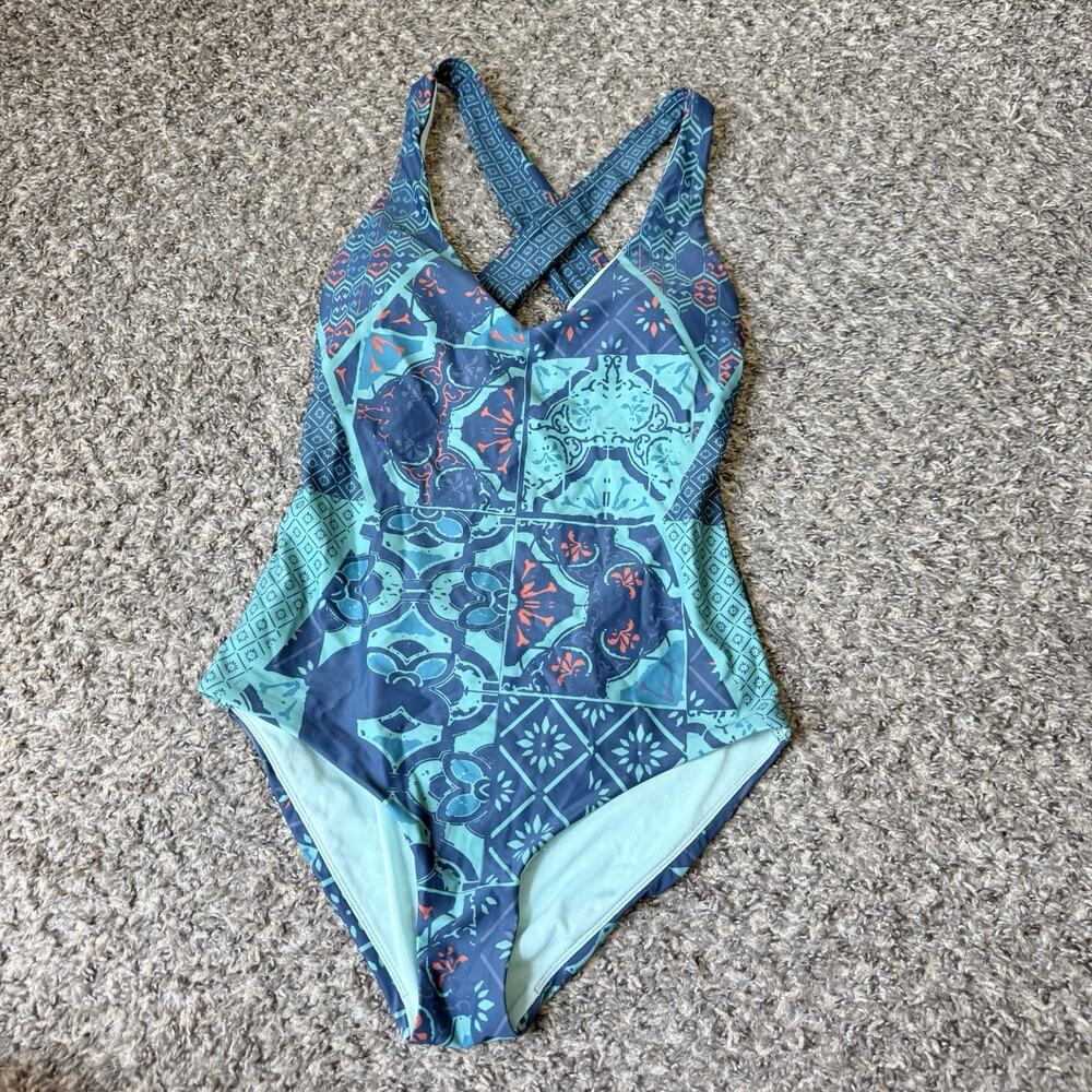 Prana Ella One Piece Swimsuit Women's size S Blue Green Crisscross Back